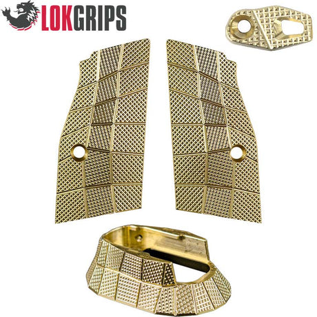 CZ TS 2, CZ 75 Tactical Sports brass Gridlok set - magwell, grips & button