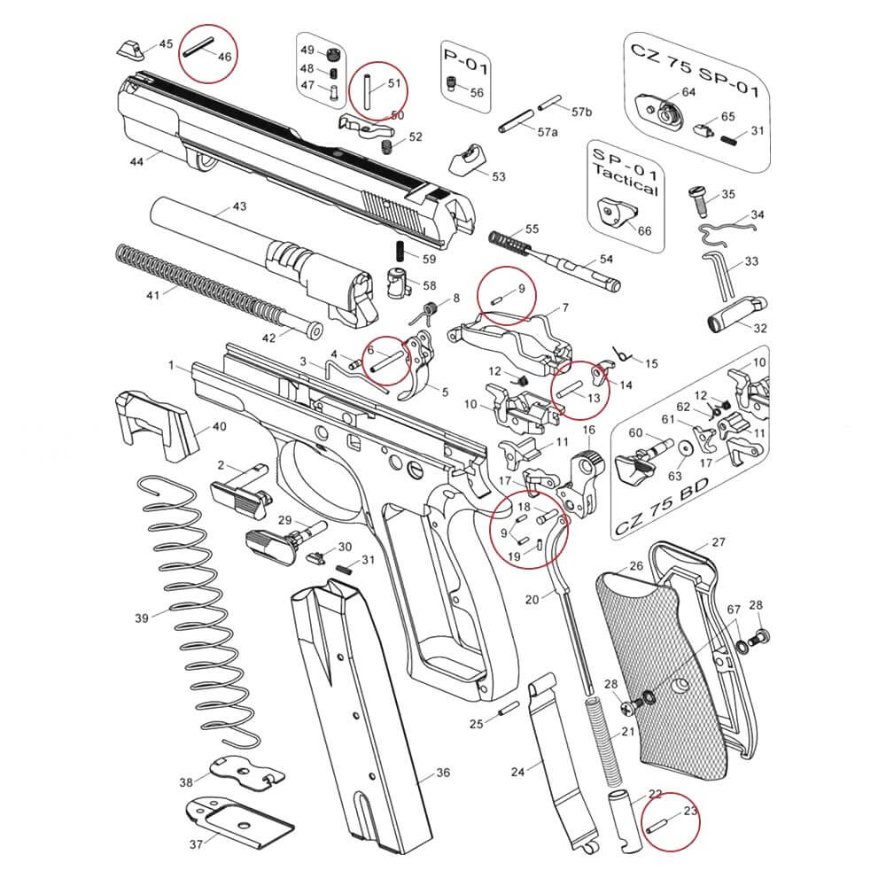 CZ Shadow 2, CZ TS 2, CZ 75B & SP-01 Shadow set of pins